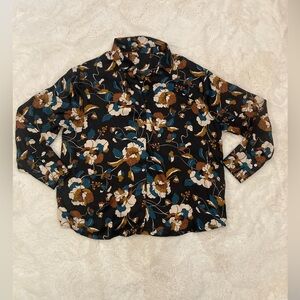 Haver & Blair Satin Floral Button Up Top Brown Teal Cream Women’s XL